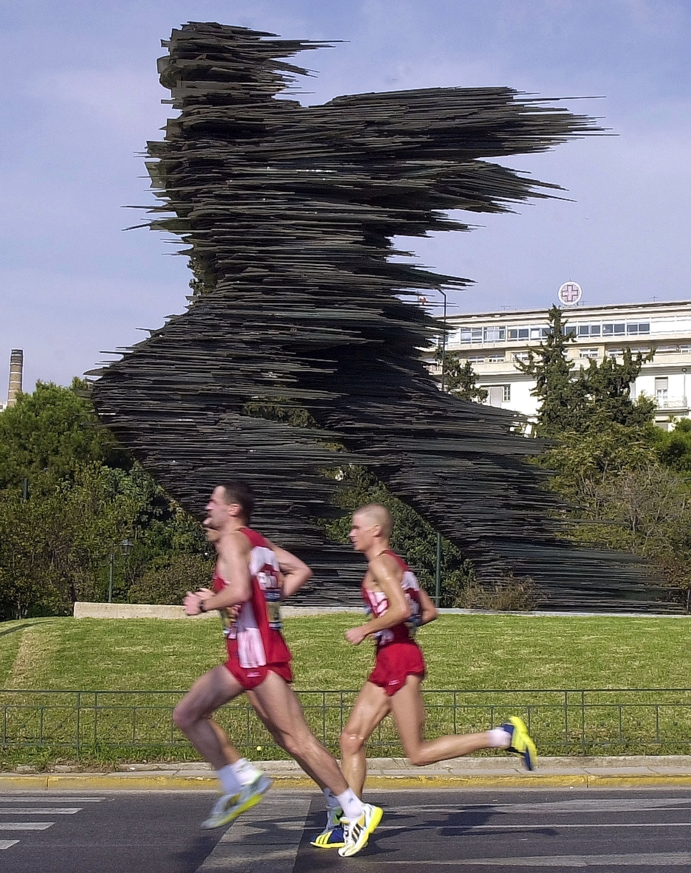 The glass statue of ‘Dromeas’ – or ‘Runner’ – in Athens: the 1896 marathon route was used again when Athens hosted the Olympics in 2004