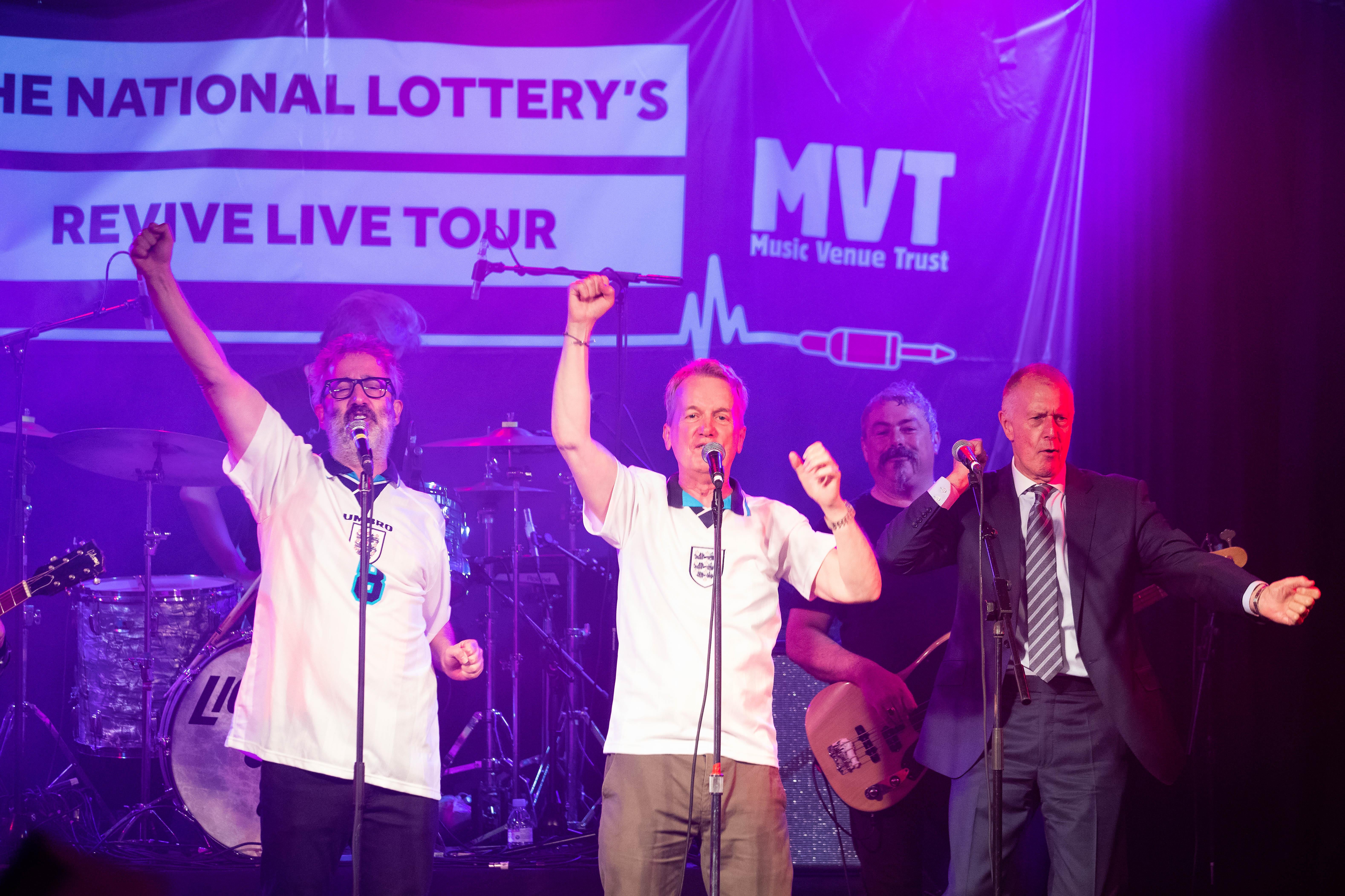 David Baddiel, Frank Skinner and Lighting Seeds with Sir Geoff Hurst performing their song Three Lions’ at a special gig for England fans ahead of the Euro 2020 final