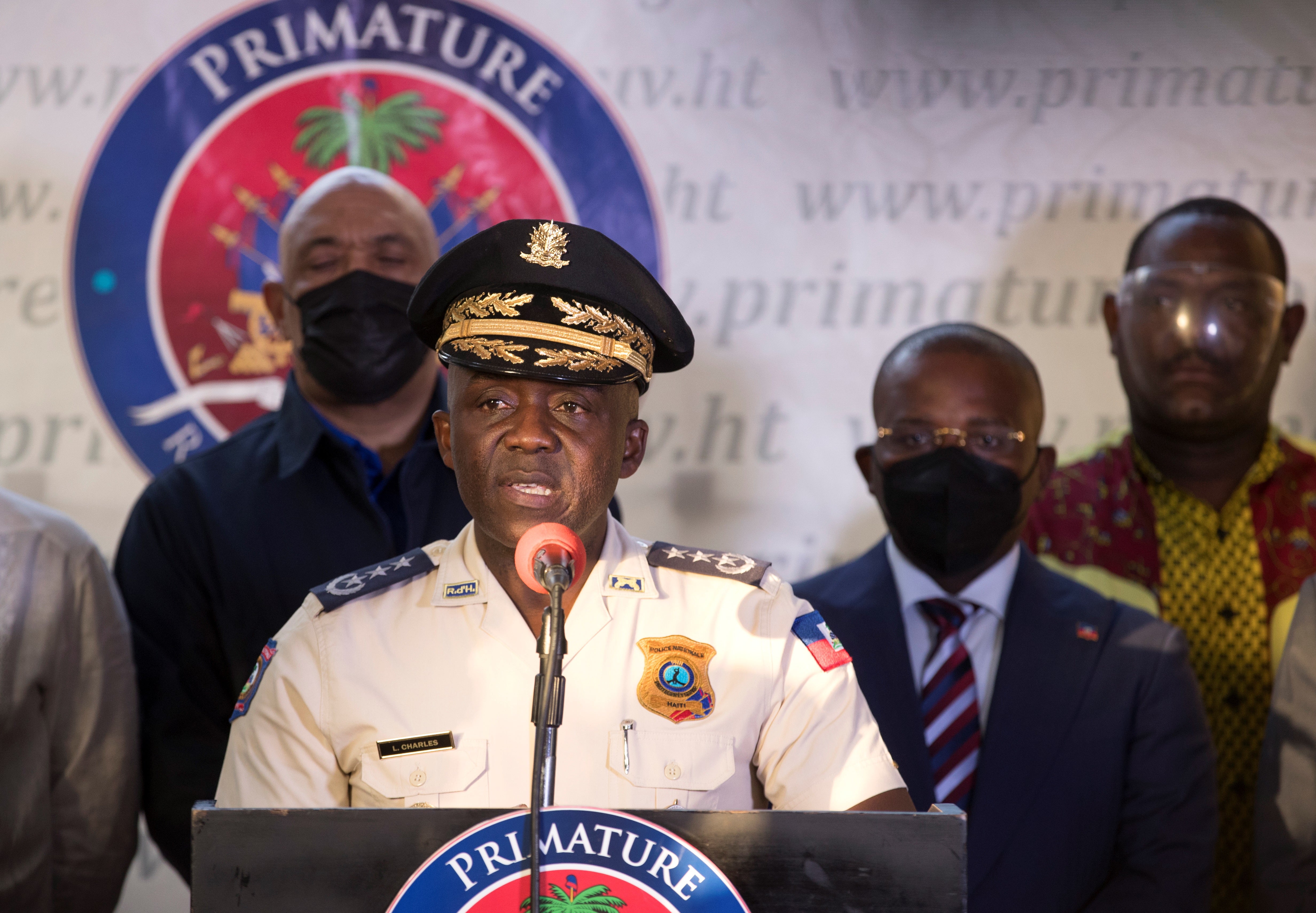 <p>Director of Haitian National Police Leon Charles speaks during a press conference in Port-au-Prince, Haiti, 11 July 2021</p>