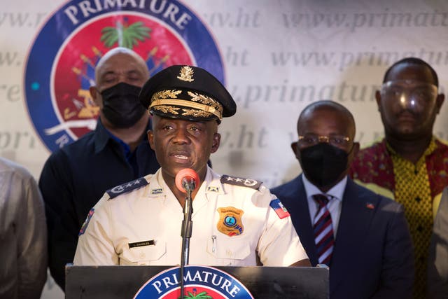 <p>Director of Haitian National Police Leon Charles speaks during a press conference in Port-au-Prince, Haiti, 11 July 2021</p>