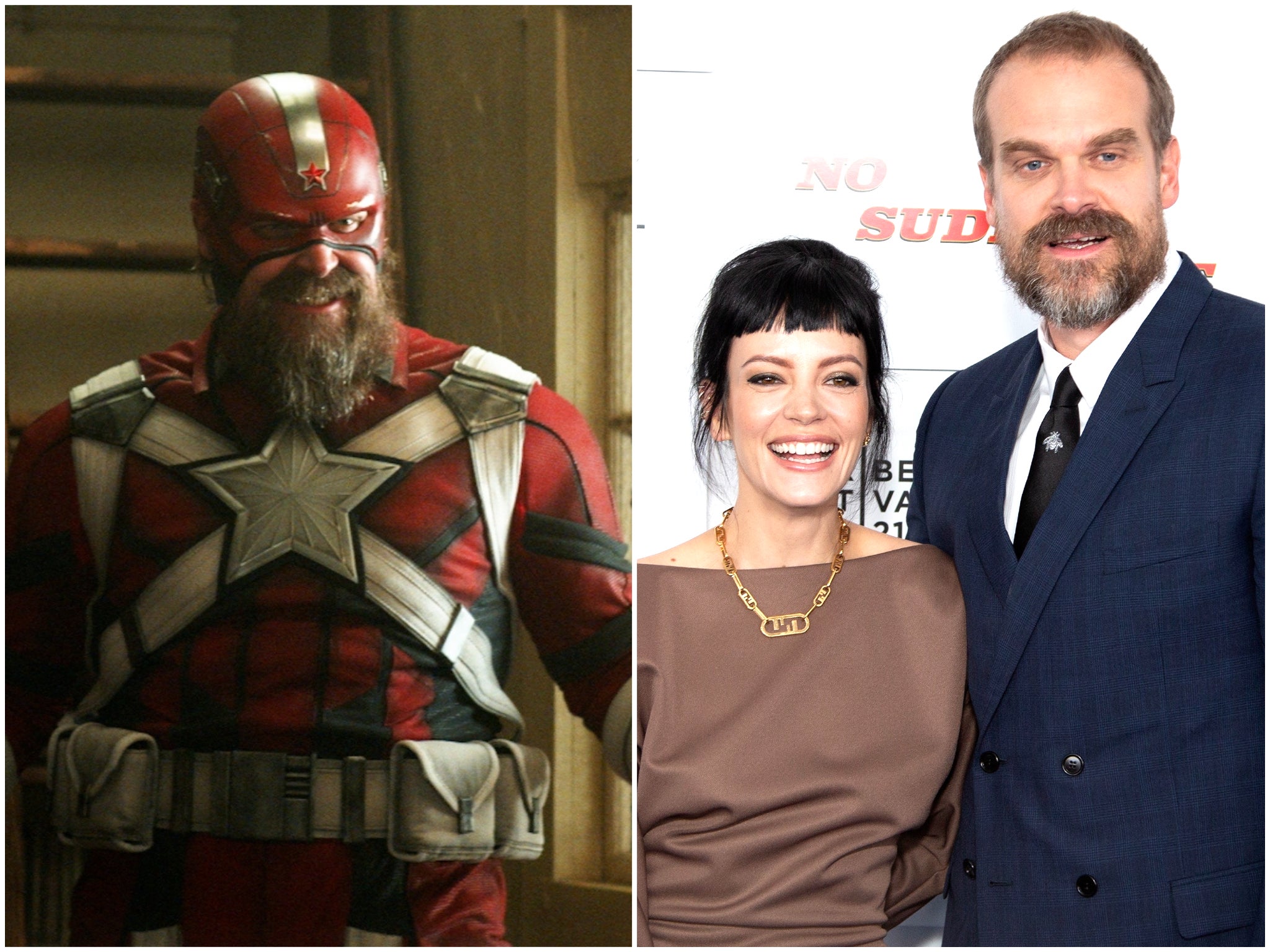David Harbour in ‘Black Widow’ (left), and with wife Lily Allen at a film premiere last month (right)