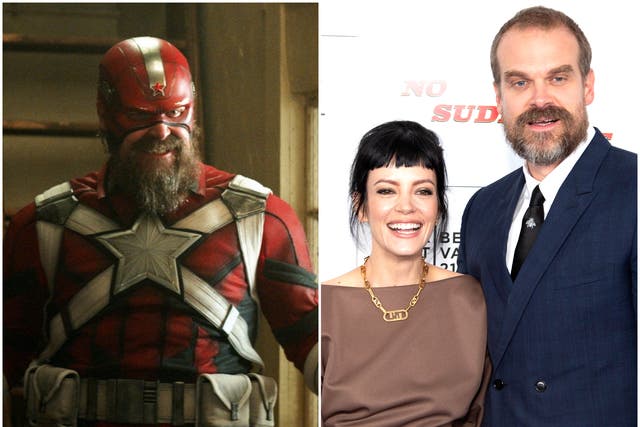 <p>David Harbour in ‘Black Widow’ (left), and with wife Lily Allen at a film premiere last month (right)</p>