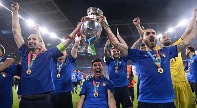 <p>Italy’s Giorgio Chiellini and Leonardo Bonucci celebrate with the European Championship trophy</p>