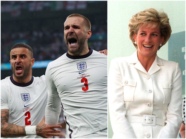 <p>Kyle Walker and Luke Shaw celebrate England’s goal at the Euro 2020 final (left), and Princess Diana in 1996 (right)</p>