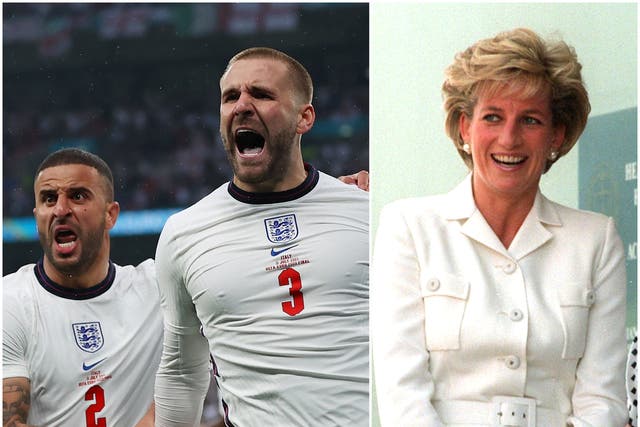 <p>Kyle Walker and Luke Shaw celebrate England’s goal at the Euro 2020 final (left), and Princess Diana in 1996 (right)</p>
