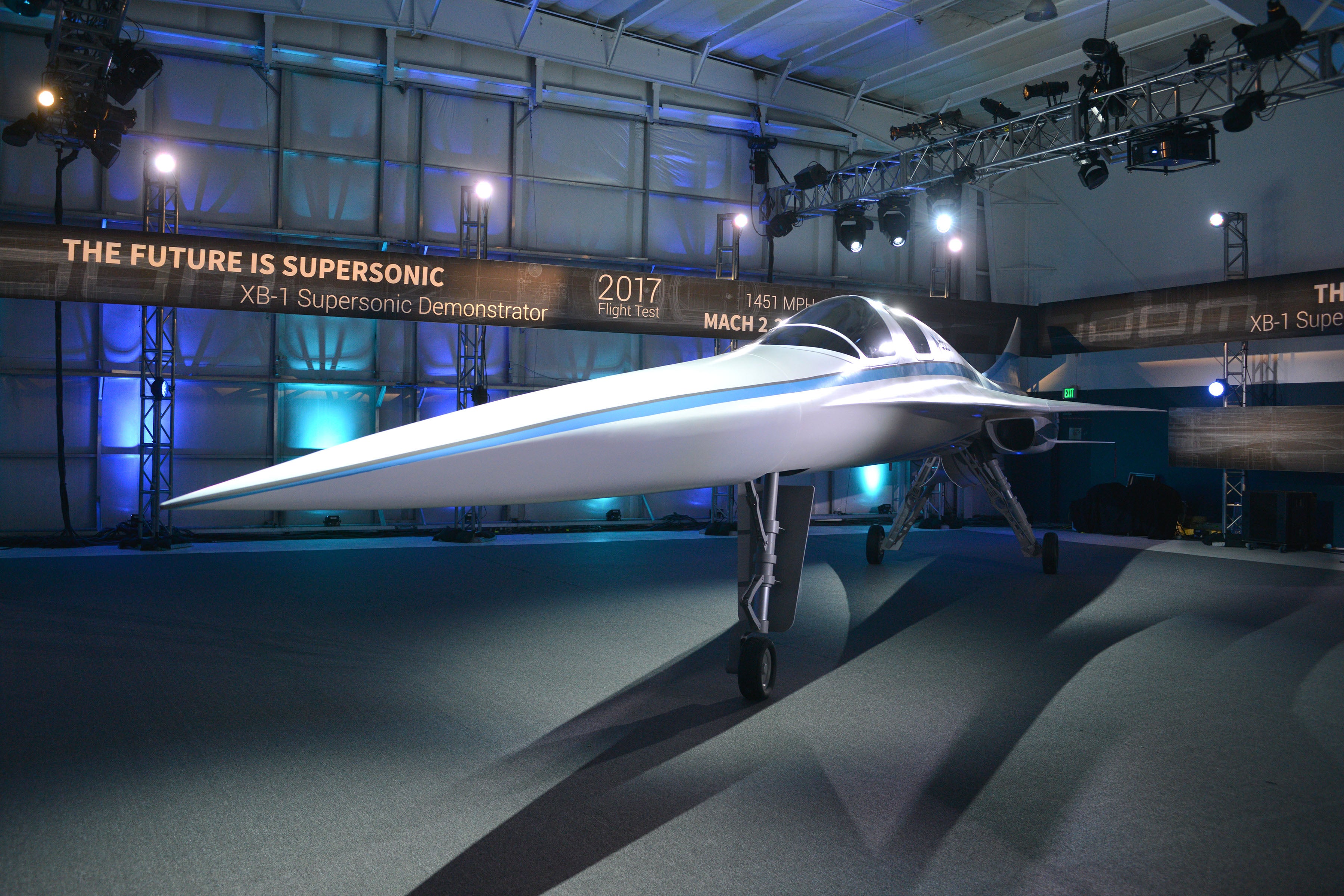 The XB-1 supersonic demonstrator at its official unveiling at Boom Technologies hangar in November 2016