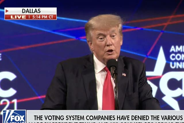<p>During the headlining speech on Sunday the former president lashed out at US voting systems and repeated his baseless claims of election fraud</p>