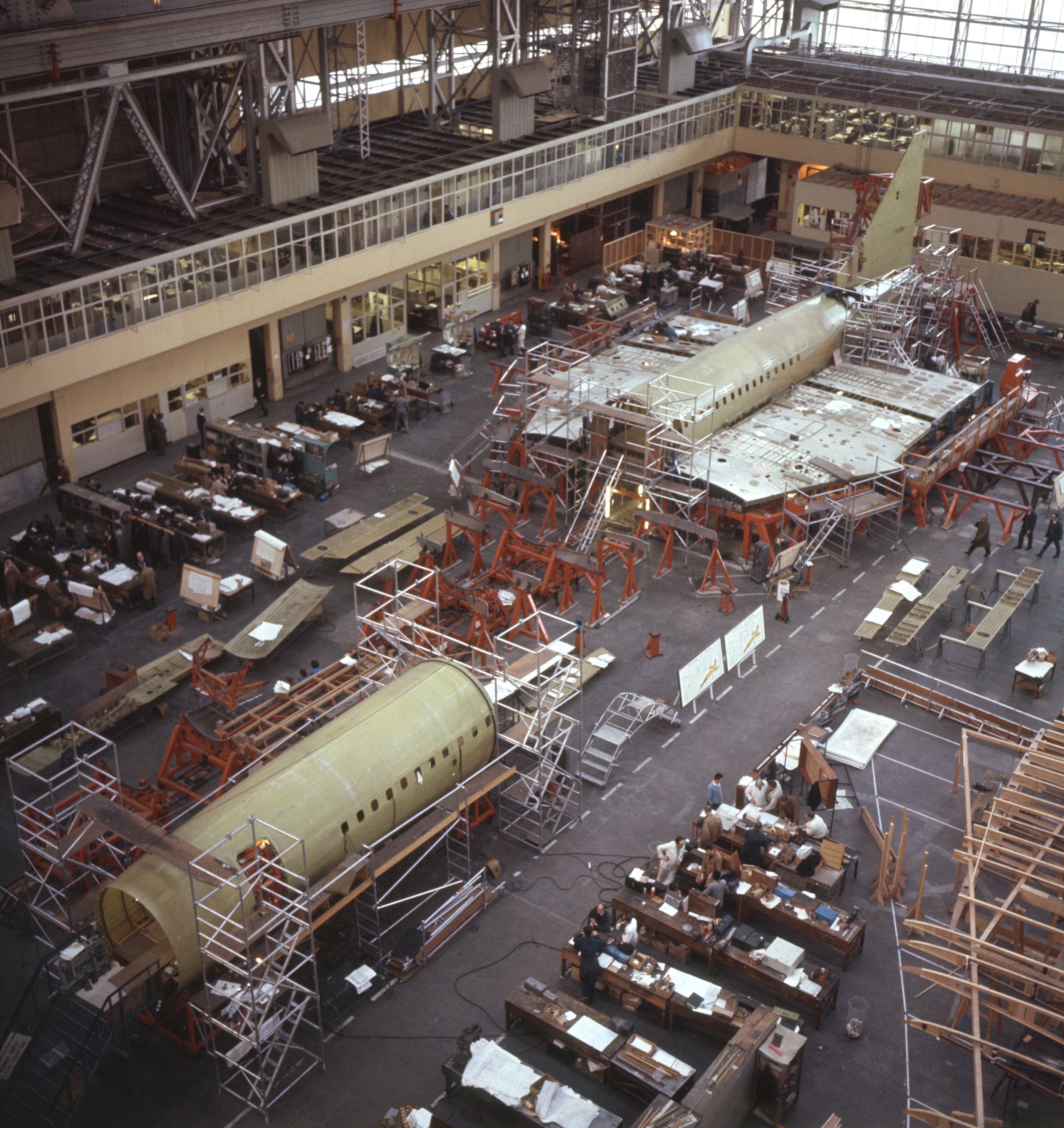 The ongoing work on the second prototype of the Concorde airliner at Filton, Bristol