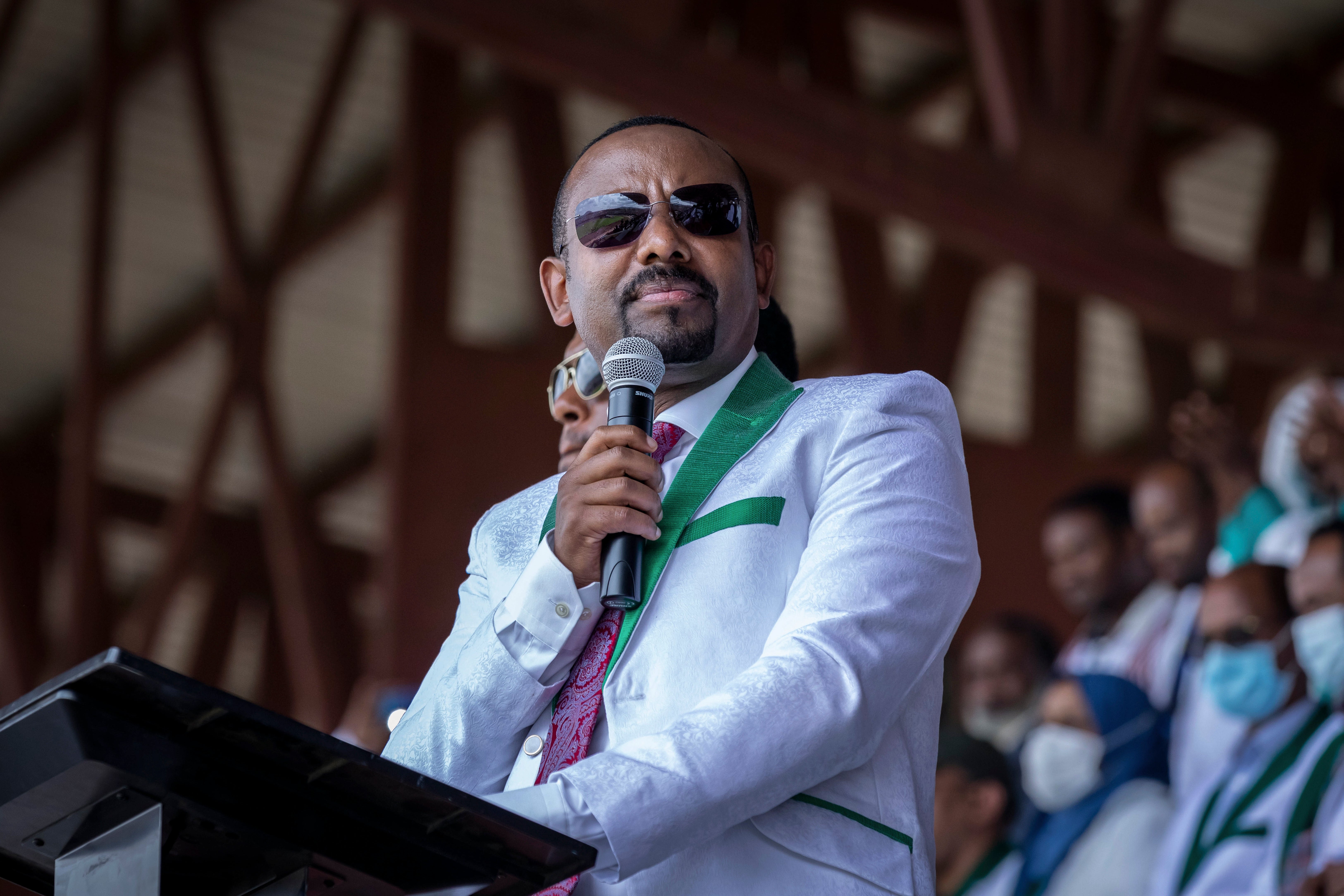 Ethiopia's Prime Minister Abiy Ahmed speaks at a final campaign rally at a stadium in the town of Jimma in the southwestern Oromia Region of Ethiopia