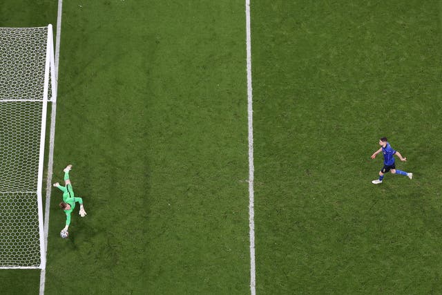 <p>England goalkeeper Jordan Pickford saves Jorginho’s penalty</p>