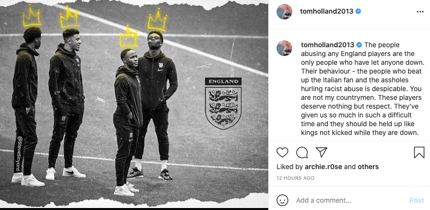 Tom Holland criticises racist trolls for abuse of England’s Black football player