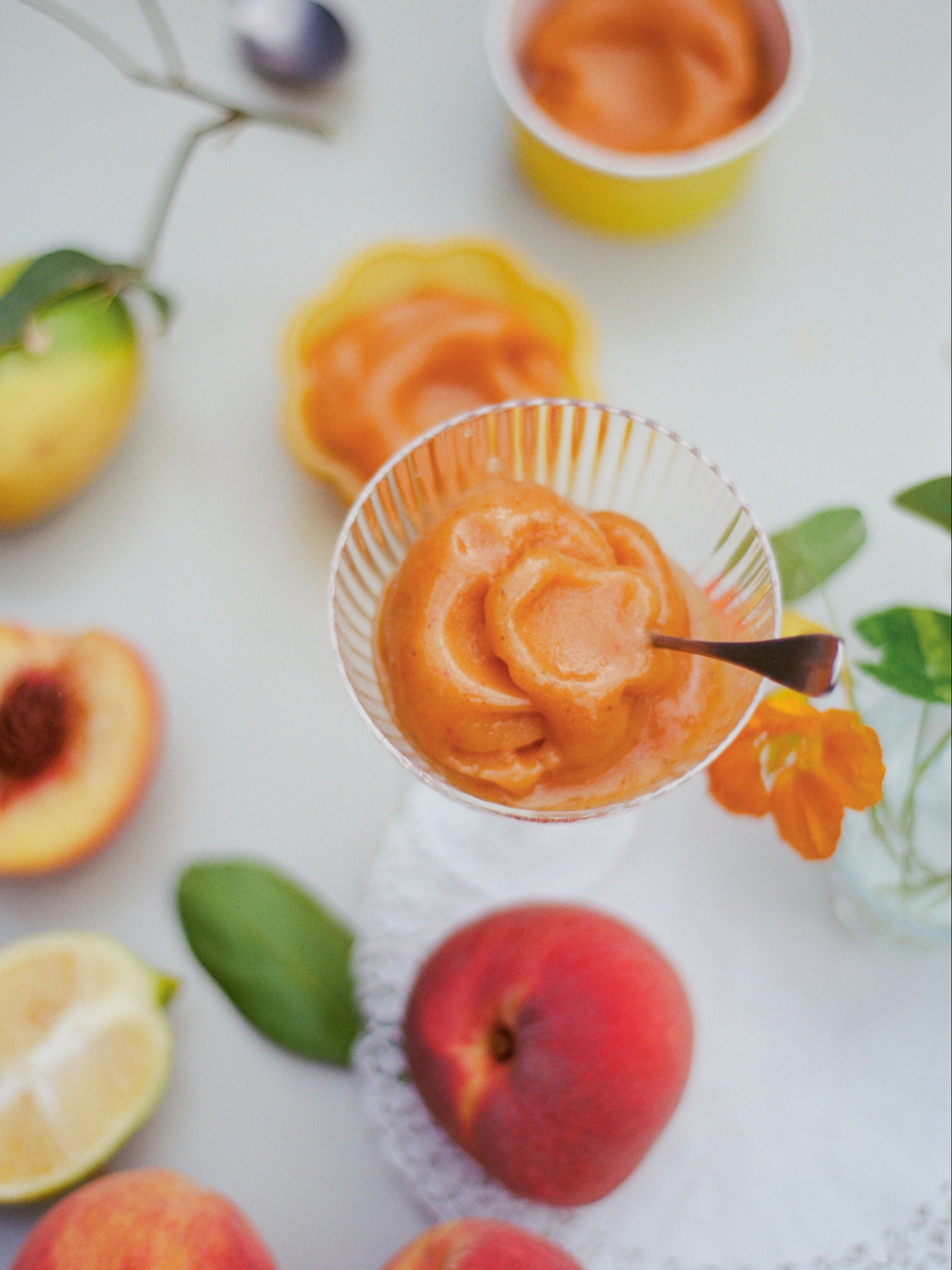 The velvety peach purée gives this light sorbet substantial body