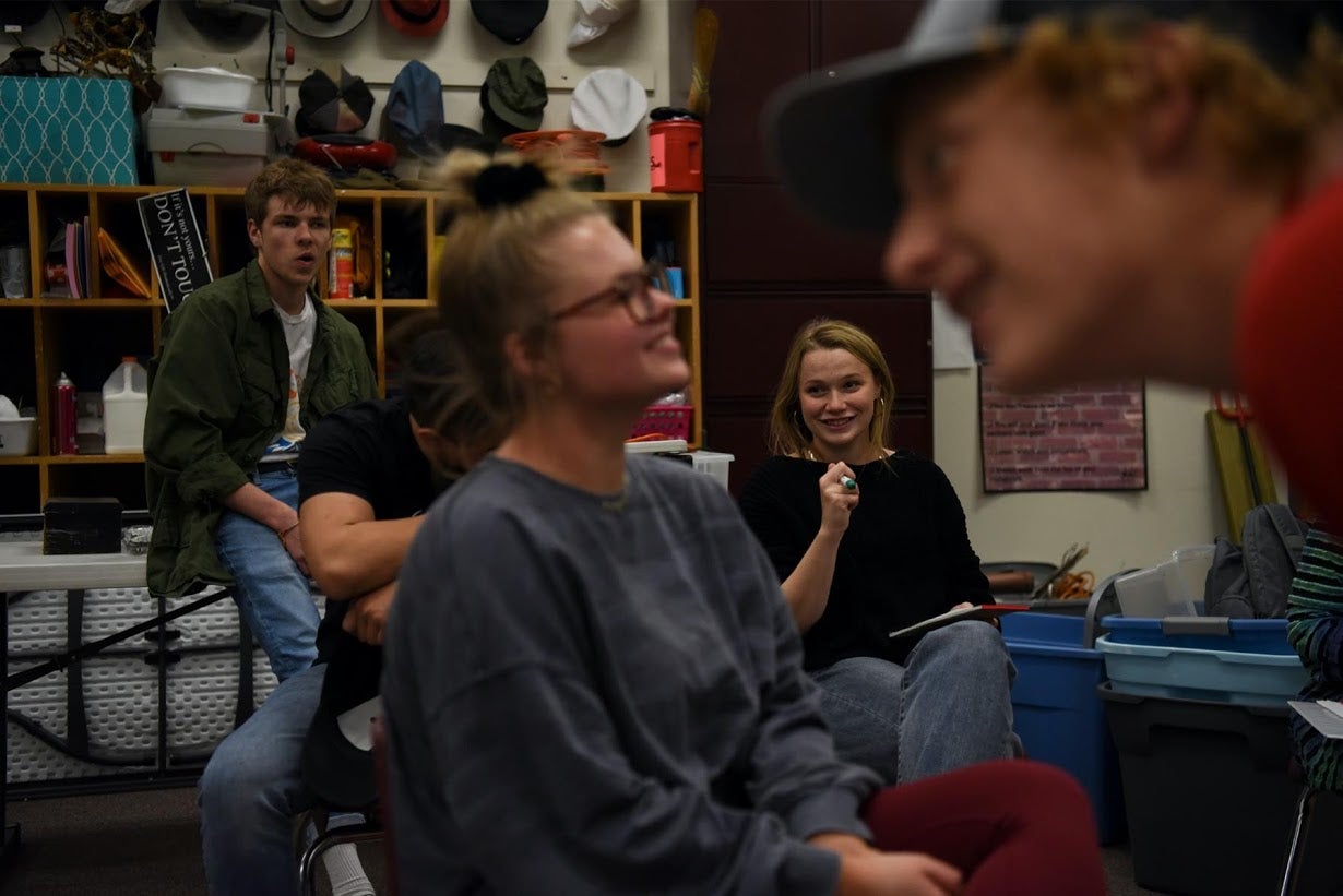 Munson watches as her classmates participate in an improv exercise during a theatre arts class at Shallowater High School