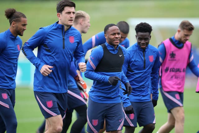<p>England’s Raheem Sterling (centre), Harry Maguire (second left) and Bukayo Saka (second right) are among those to shine at Euro 2020</p>