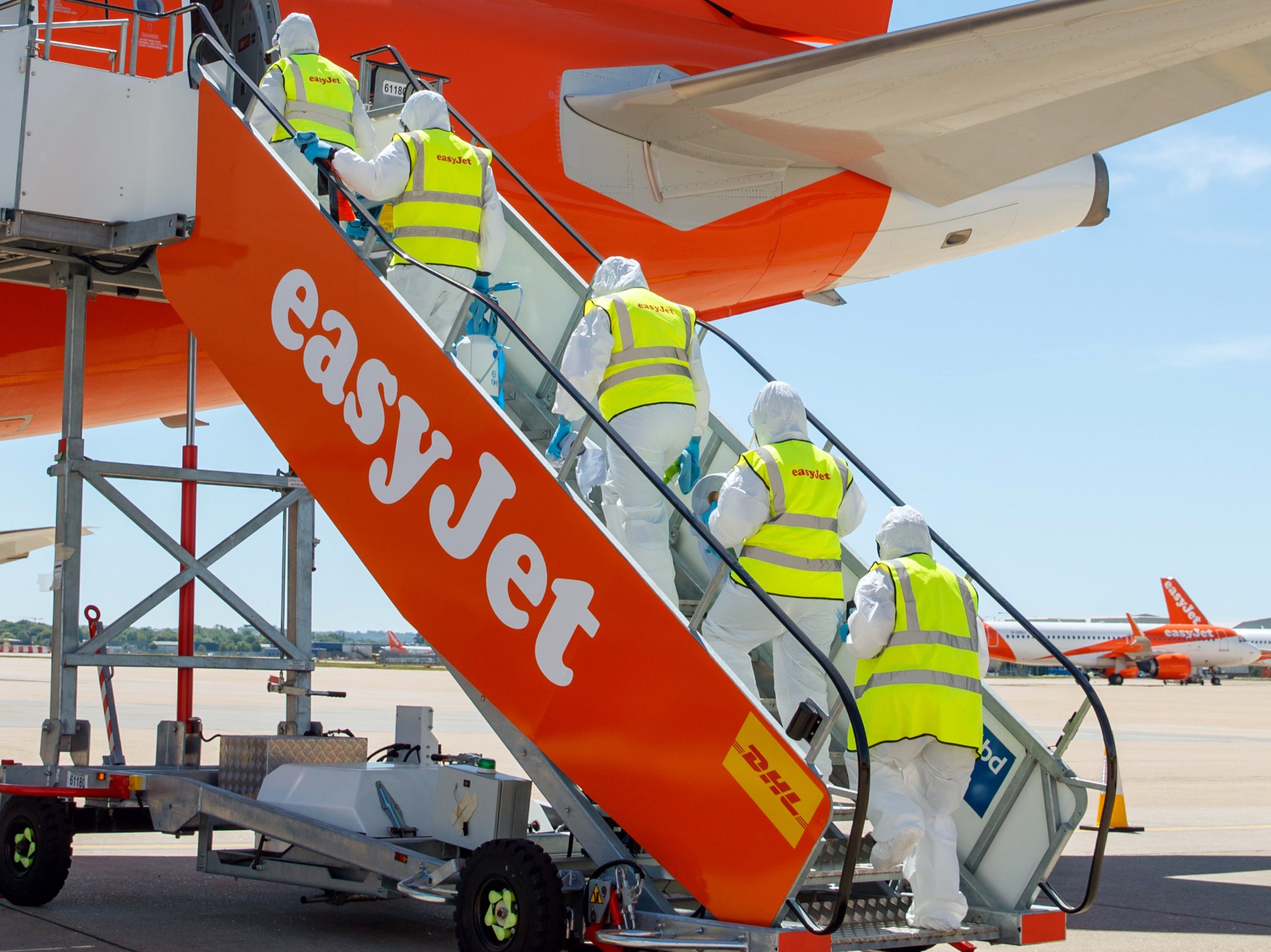 Bio secure: cleaners boarding an easyJet plane in June 2020
