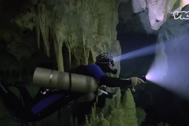 <p>A diver inside a centoe in Tulum, Mexico</p>