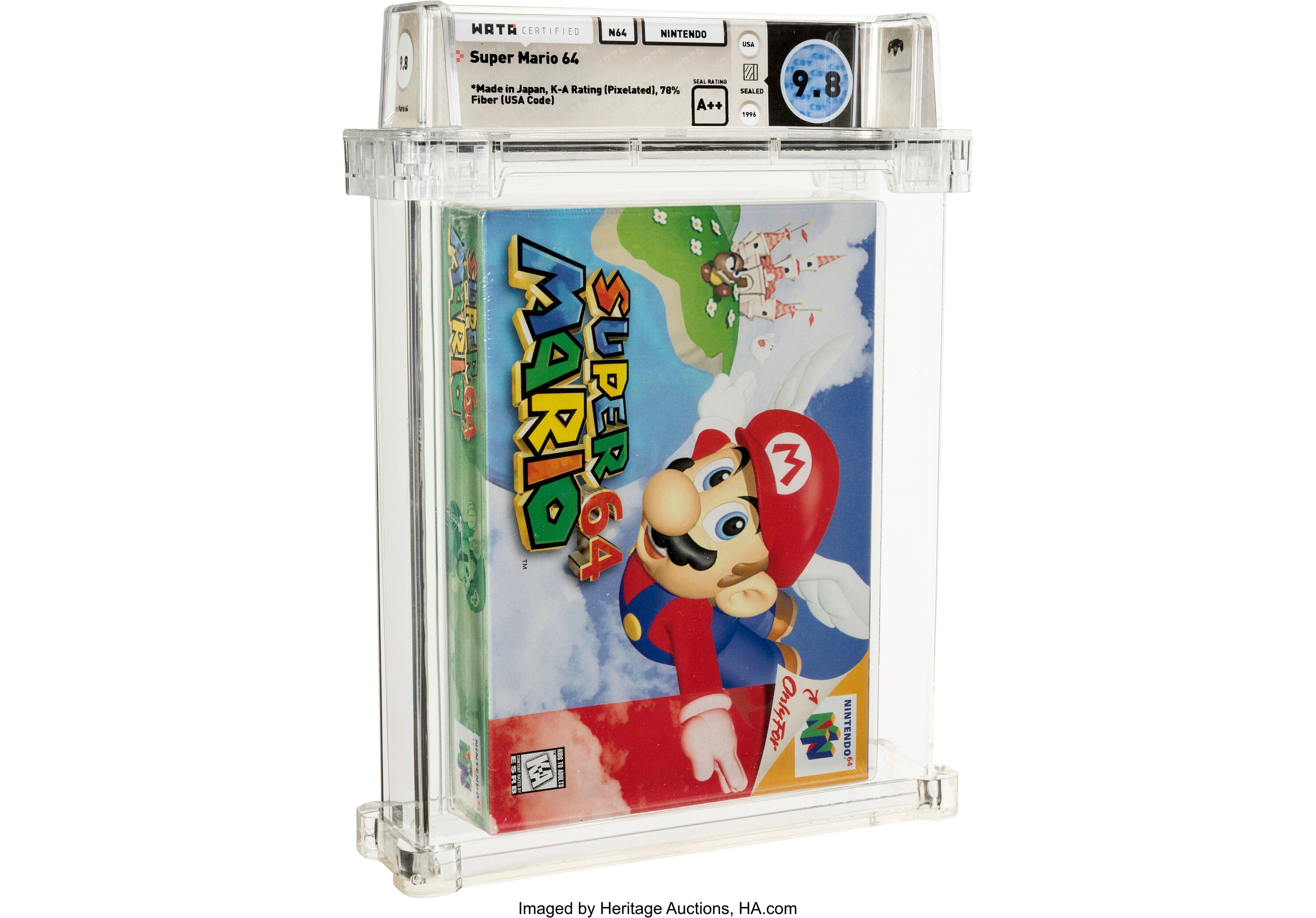 This photo provided by Heritage Auctions shows an unopened copy of Nintendo’s Super Mario 64 that has sold at auction for $1.56 million. Heritage Auctions in Dallas said that the 1996 video game sold Sunday, July 11, 2021, breaking its previous record price for the sale of a single video game.