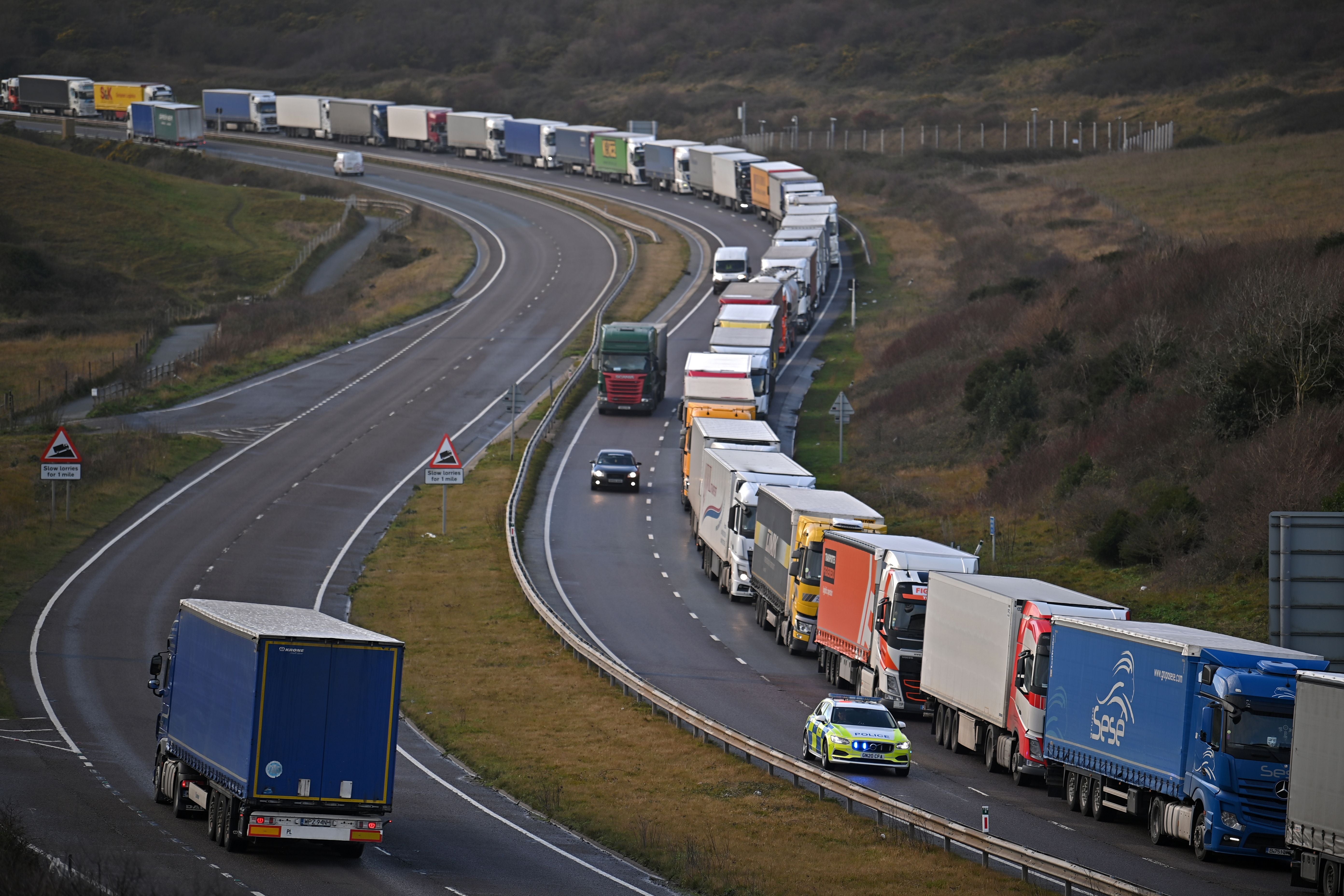 Freight lorries queue at Dover: UK is to ban sale of new petrol and diesel heavy goods vehicles by 2040