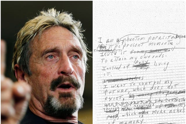 <p>John McAfee and the alleged suicide note released by his wife</p>