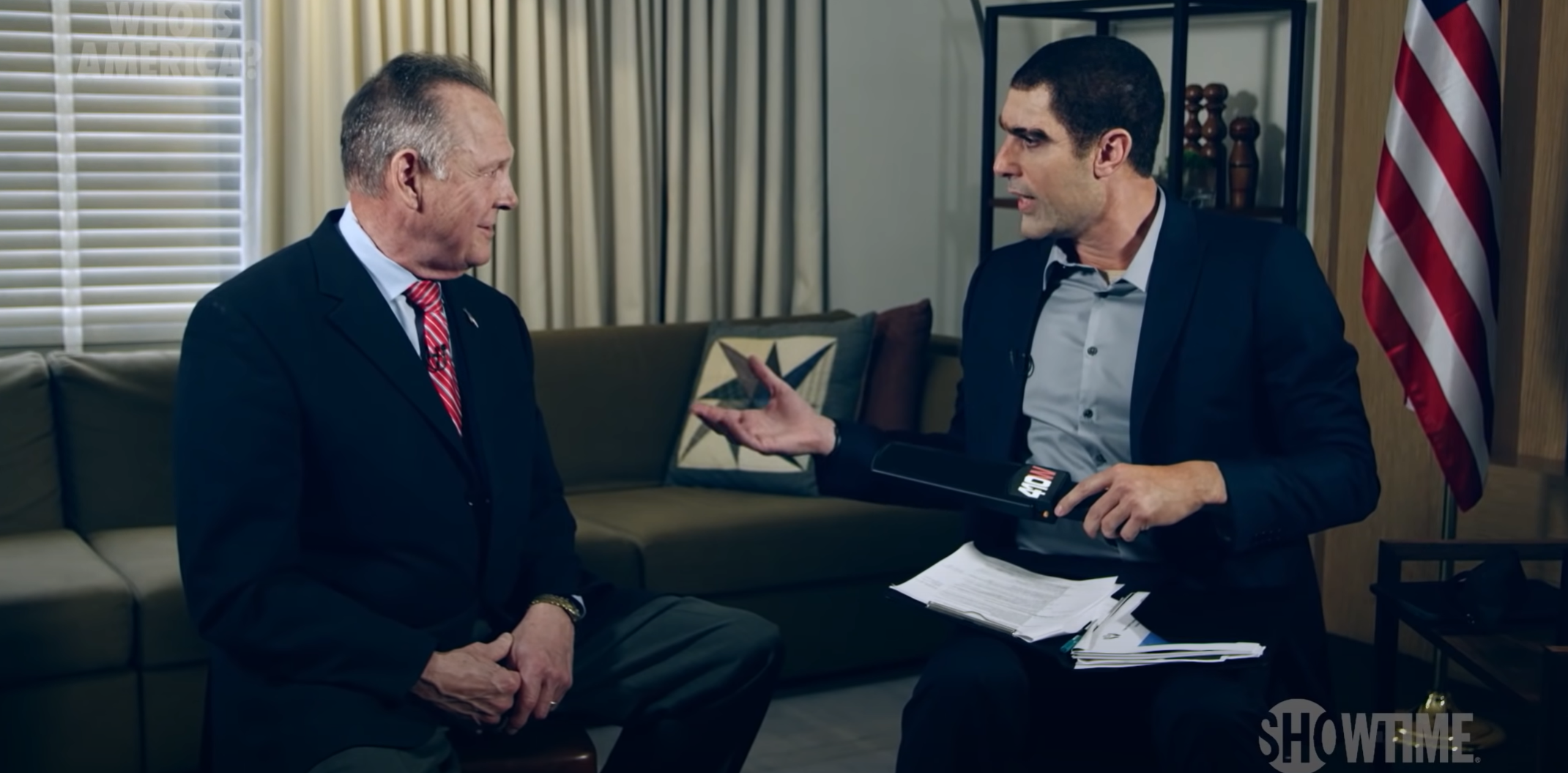 <p>Roy Moore and Sacha Baron Cohen in a scene from ‘Who Is America?'</p>