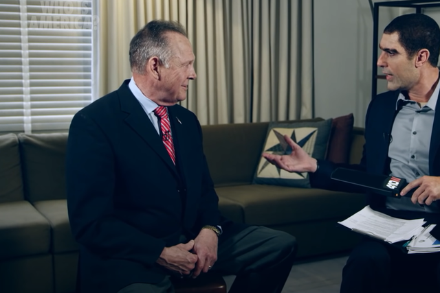 <p>Roy Moore and Sacha Baron Cohen in a scene from ‘Who Is America?'</p>