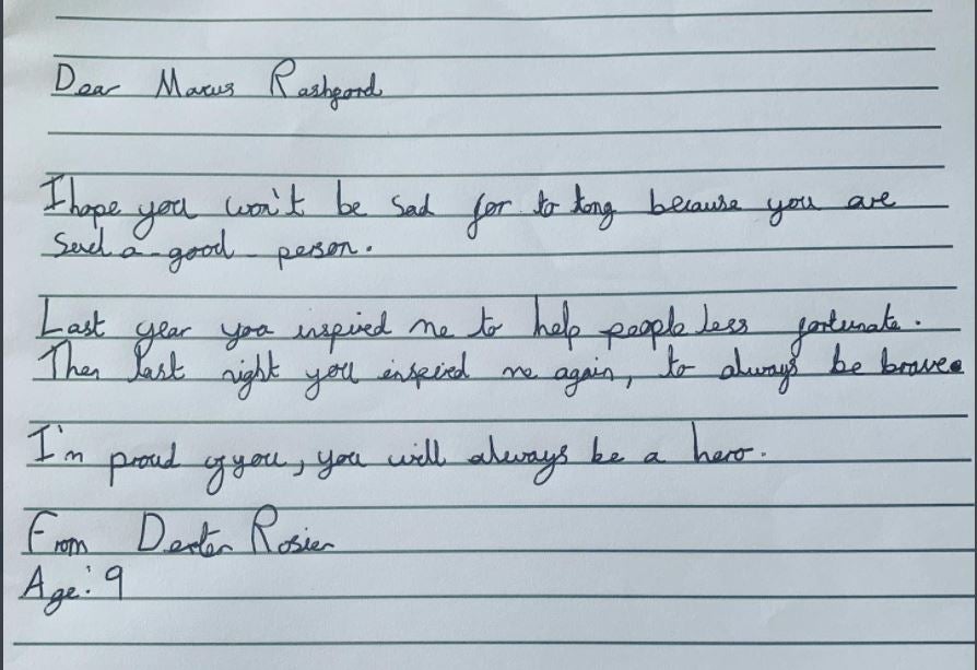 One of the letters written by children to Marcus Rashford