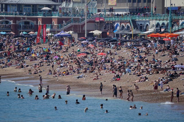 <p>Crowds of people enjoying the sunshine on Brighton beach</p>