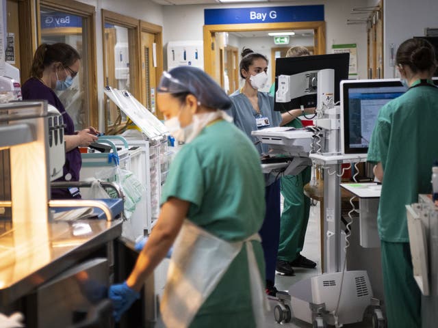 <p>NHS staff working in hospital corridor  </p>