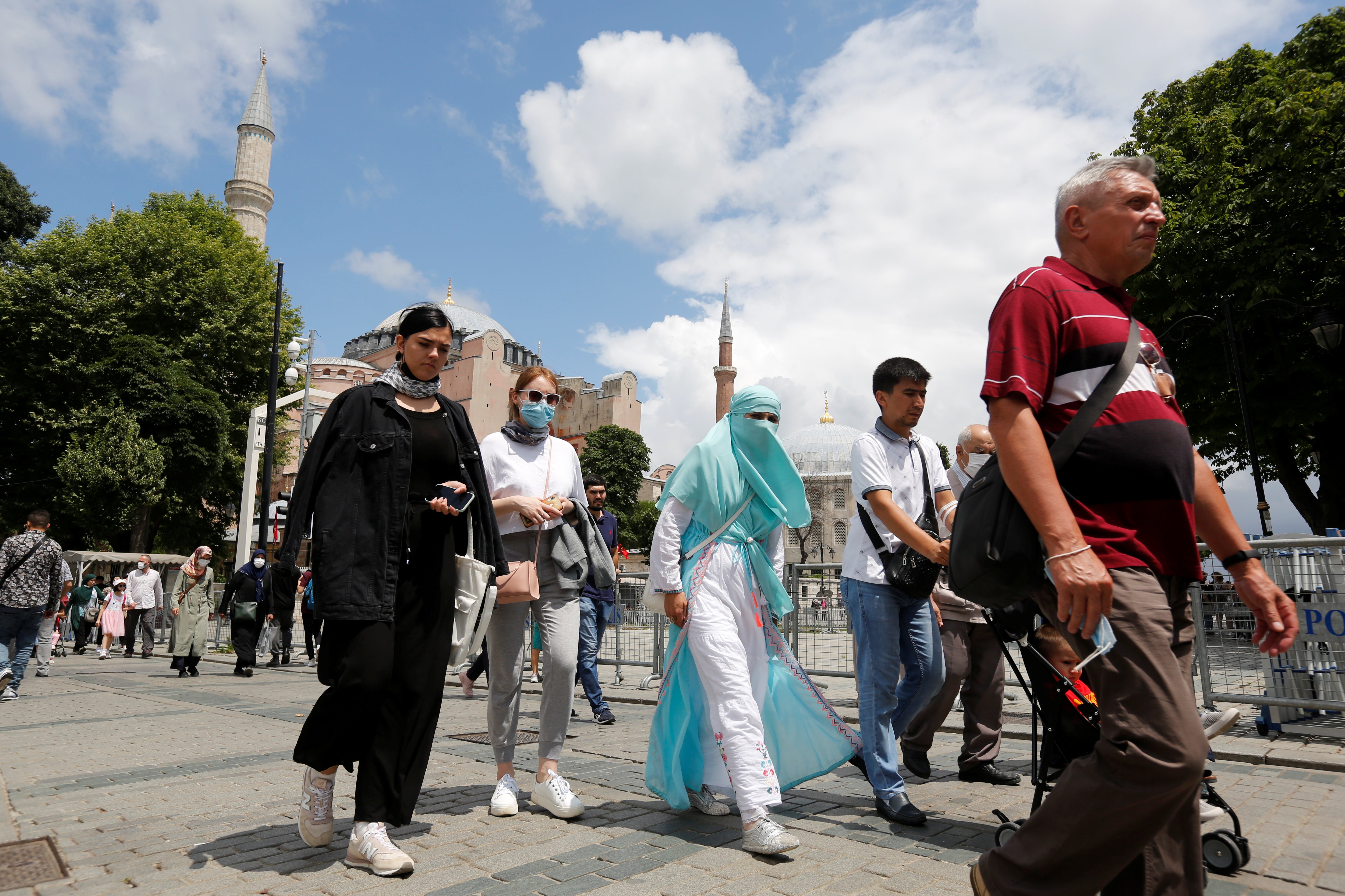 Foreign tourists visit the Old City in Istanbul, Turkey