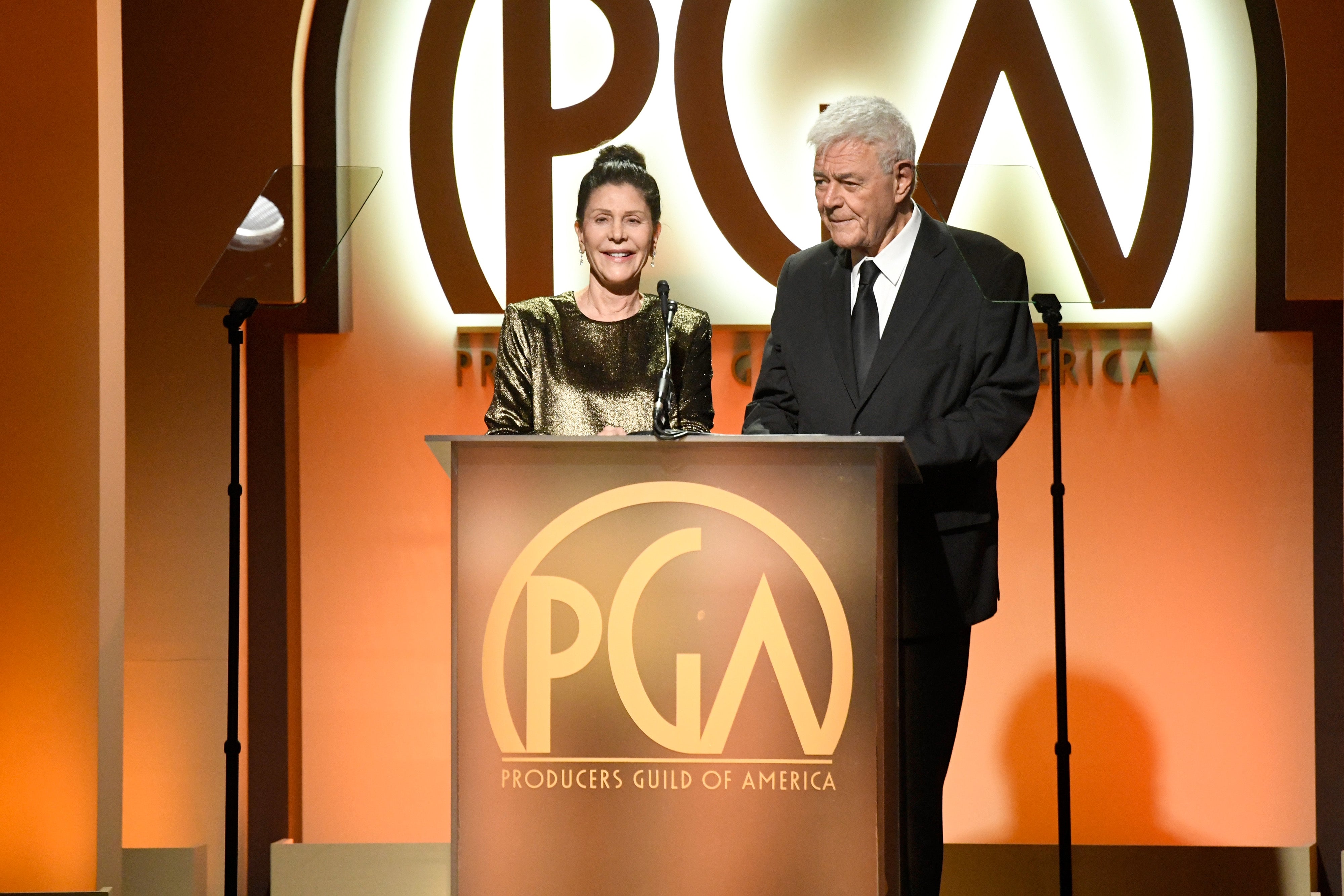 Donner with his wife in 2019 at the Producers Guild awards ceremony