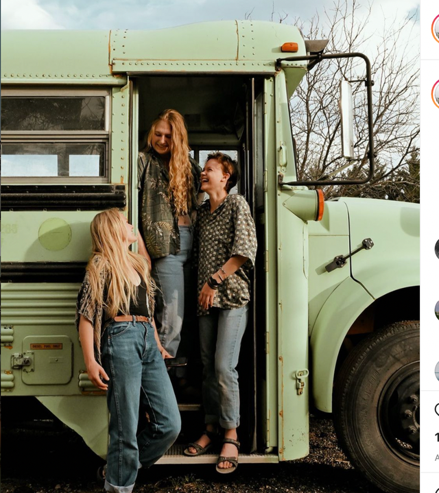 <p>Bekah, Abi and Morgan pose next to the bus they purchased to follow their dreams of travelling across the country after they joined together by heartbreak over the same boy.</p>
