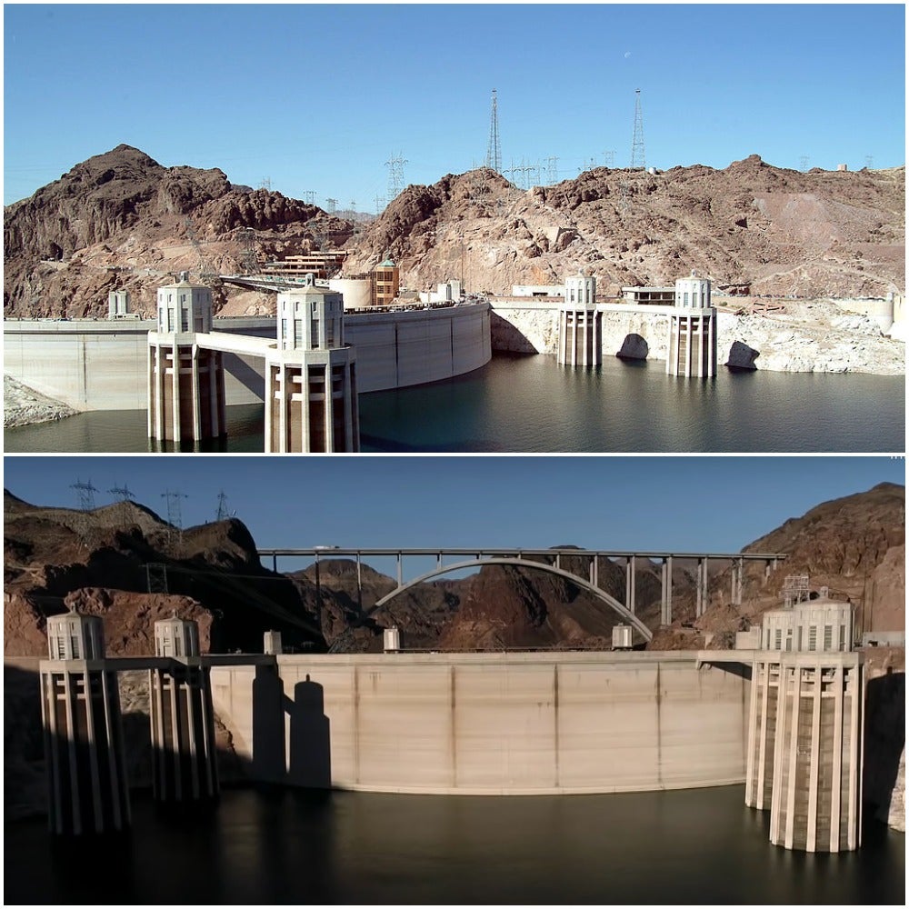 The top photograph shows water levels at Lake Mead in 2003 compared to this week