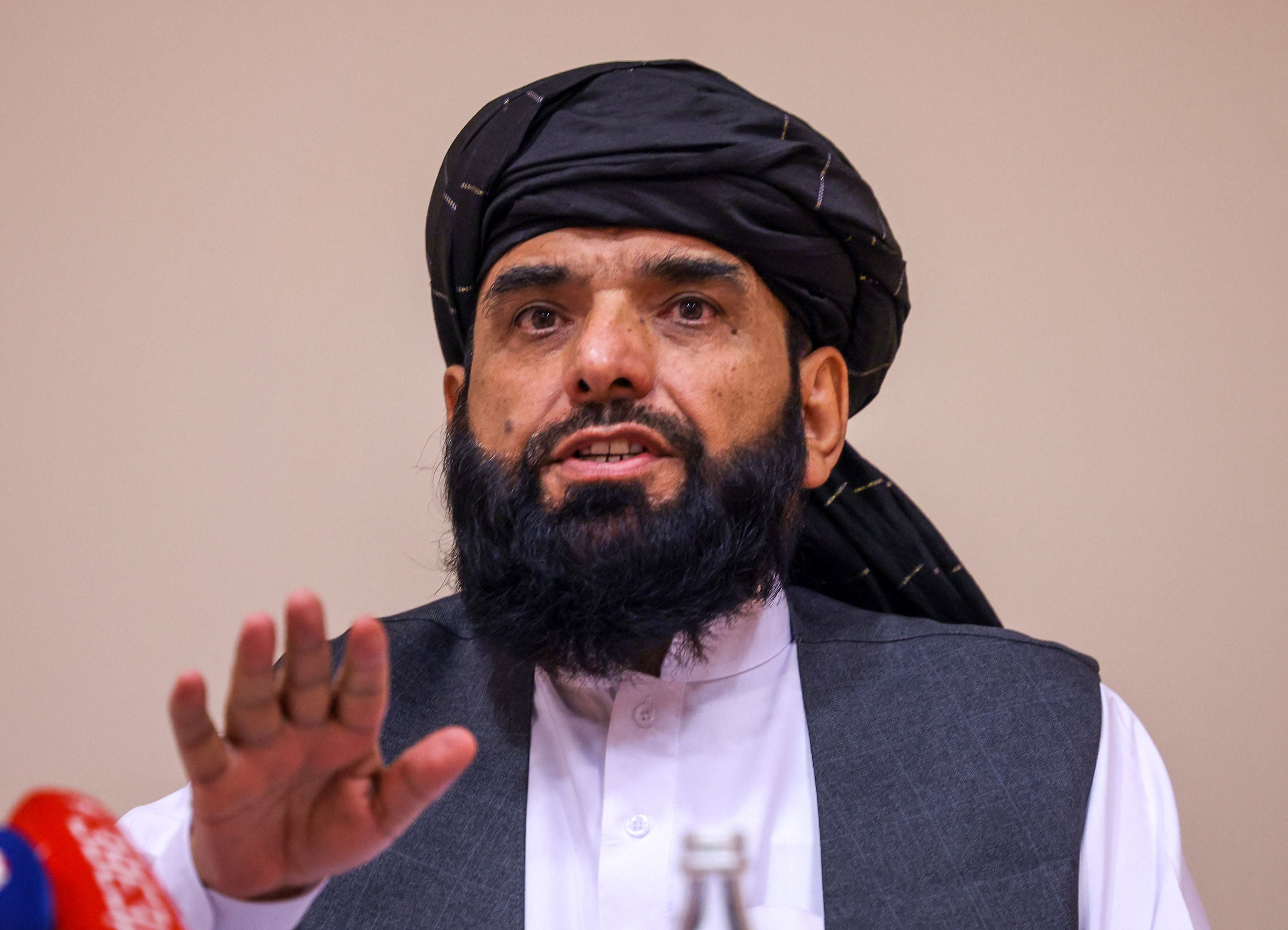 Taliban negotiator Suhail Shaheen attends a press conference in Moscow