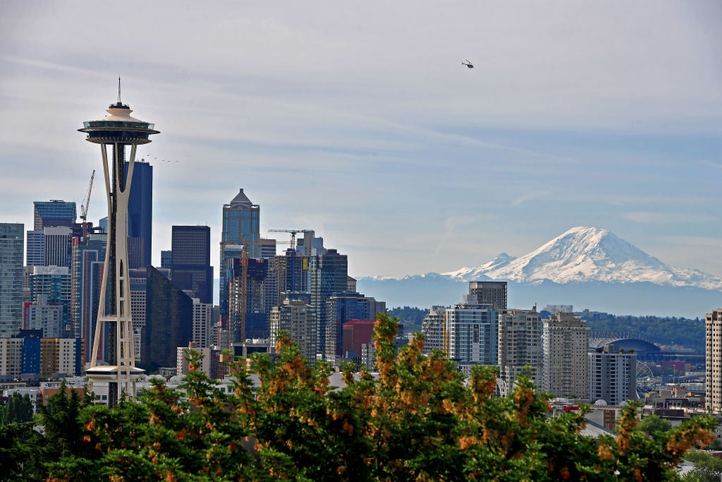 Mount Rainier seen from downtown Seattle on June 9, 2019. The mountain suffered devastating, rapid snowmelt during the recent deadly heatwave in the Pacific Northwest