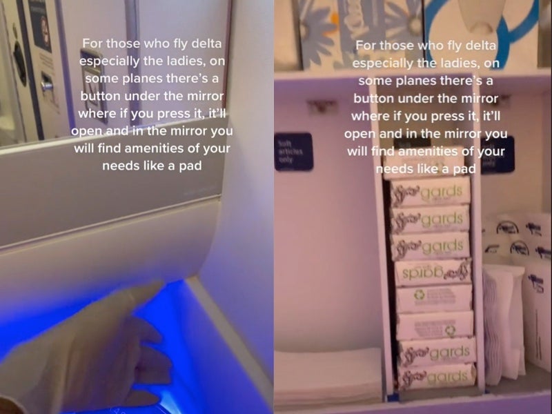 TikTok user who claims to work for Delta shows hidden bathroom mirror compartment filled with sanitary products and other amenities
