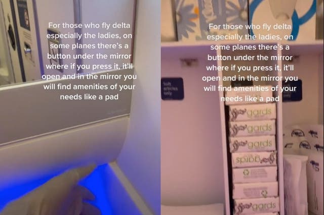 <p>TikTok user who claims to work for Delta shows hidden bathroom mirror compartment filled with sanitary products and other amenities </p>