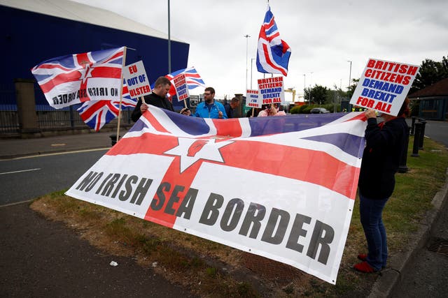 <p>Protests against the Northern Ireland protocol in Belfast earlier this month</p>