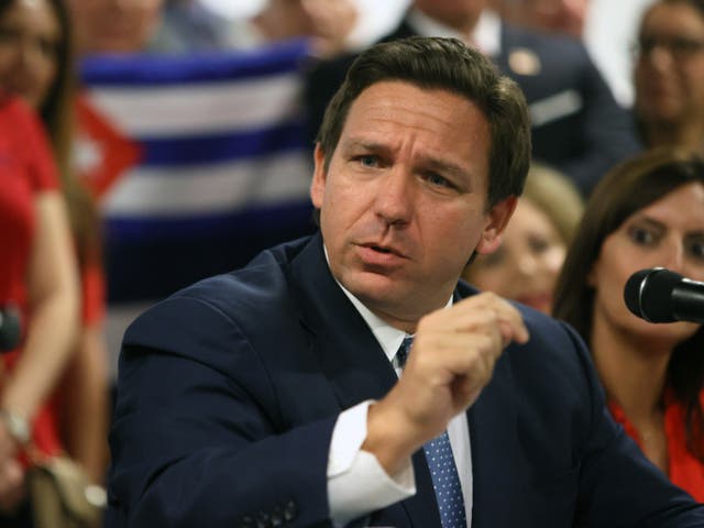 <p>Florida Gov. Ron DeSantis takes part in a roundtable discussion about the uprising in Cuba at the American Museum of the Cuba Diaspora on July 13, 2021 in Miami, Florida. Thousands of people took to the streets in Cuba on Sunday to protest against the government. (</p>