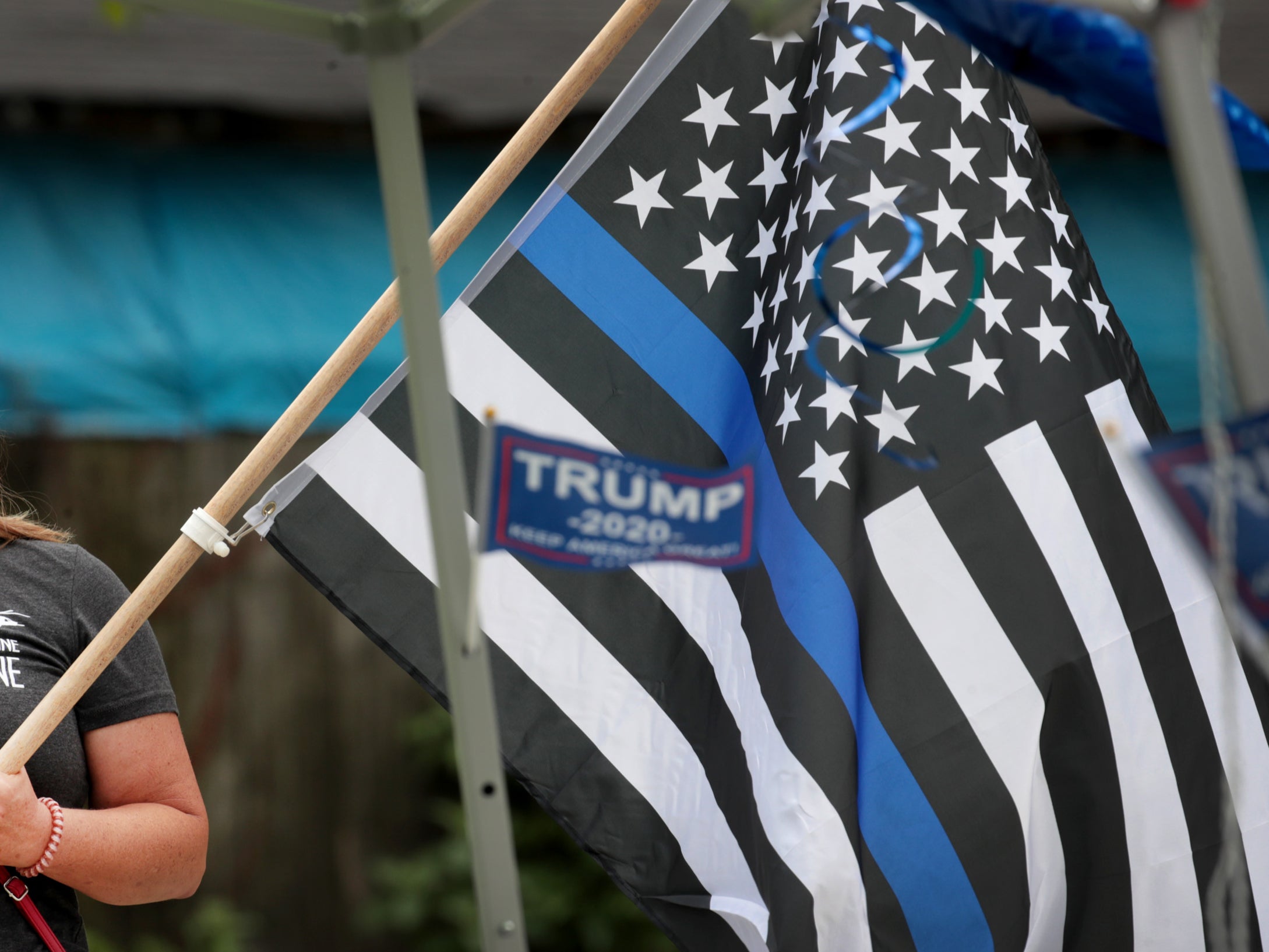 A flag at a ‘Back the Blue’ rally near the Homan Square police station on August 15, 2020 in Chicago, Illinois