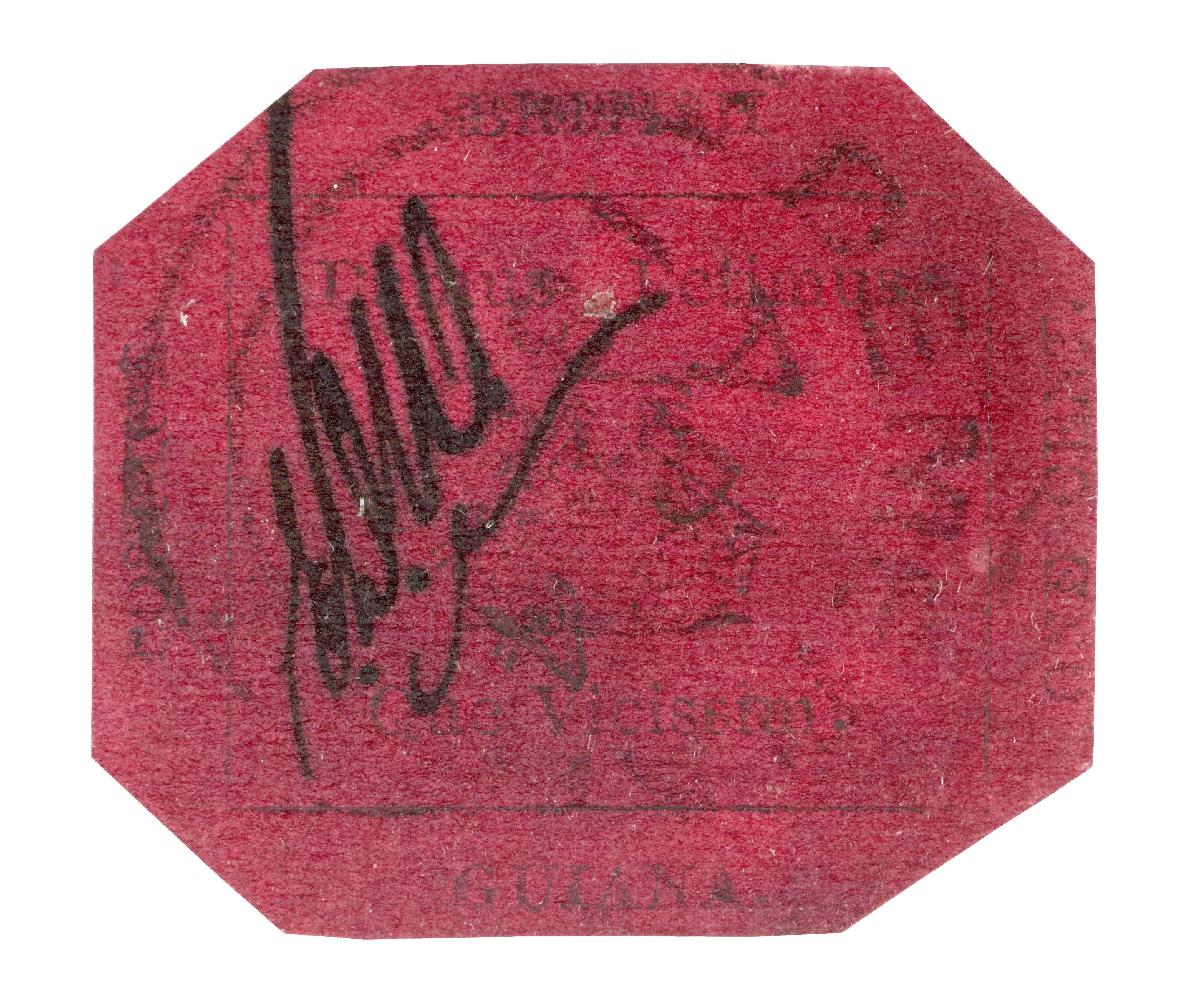 The magenta side of the stamp, which says “British Guiana” and “Damus Petimus Que Vicissim”