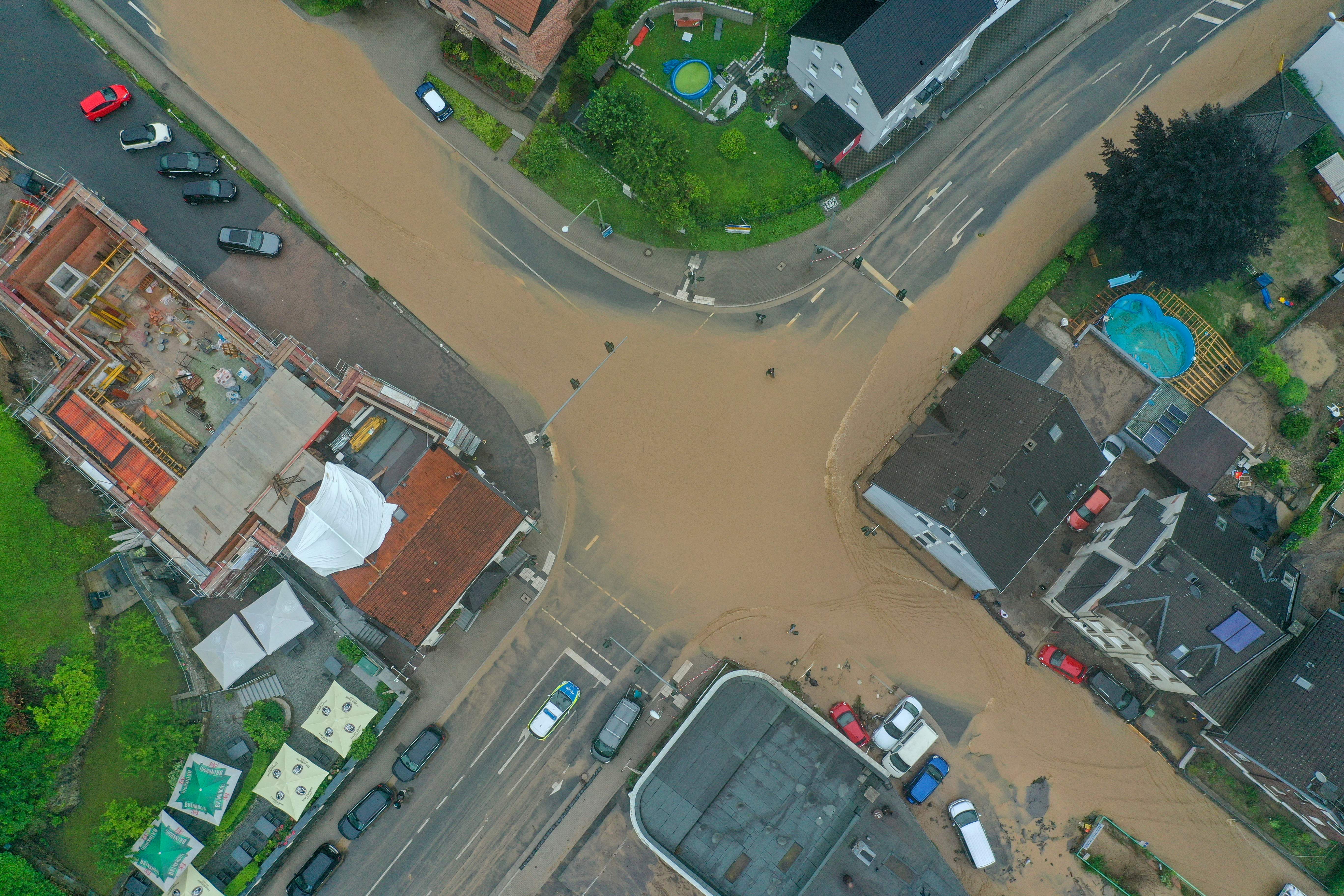 An aerial photograph showing the severe flooding in Hagen, North Rhine-Westphalia