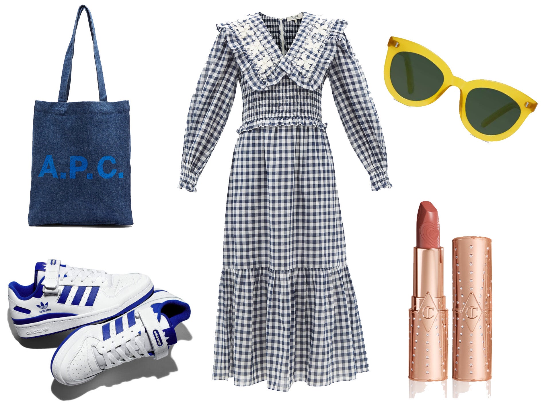 APC bag: £90, SEA dress: £390, Adidas Originals trainers: £80, Cubitts sunglasses: £125, Charlotte Tilbury lipstick: £28.