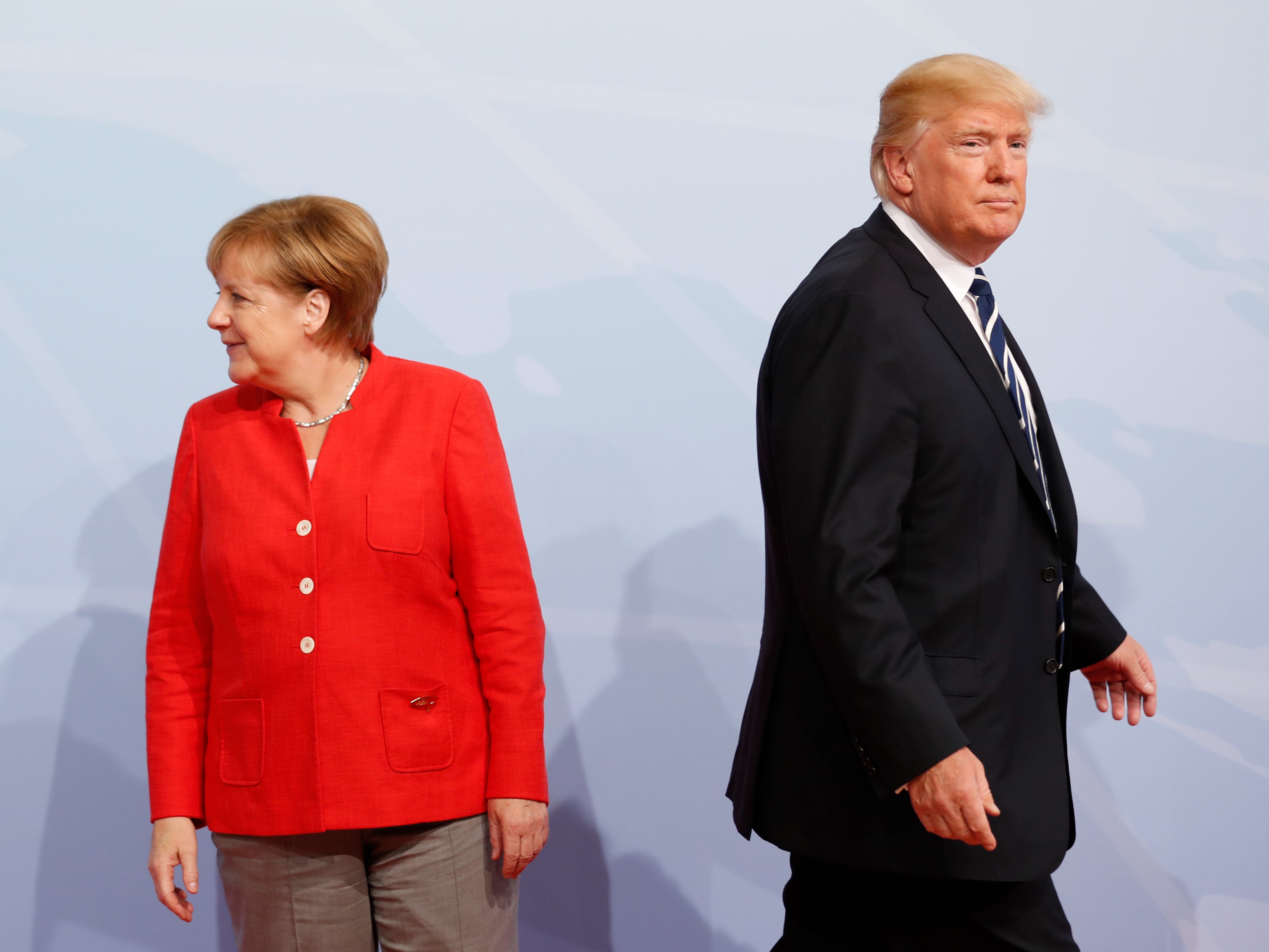 German Chancellor Angela Merkel officially welcomes US President Donald Trump to the opening day of the G20 summit on July 7, 2017 in Hamburg, Germany.