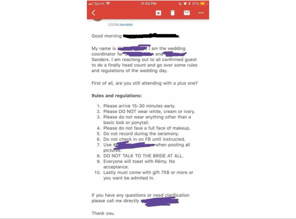 Strict List Of Wedding Rules Goes Viral On Reddit Indy100 Strict List Of Wedding Rules Goes Viral On Reddit Indy100
