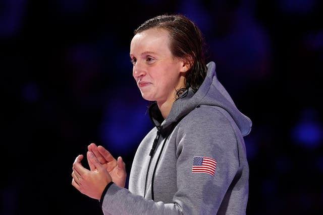<p>Katie Ledecky reacts during the Women’s 800m freestyle medal ceremony during Day Seven of the 2021 U.S. Olympic Team Swimming Trials at CHI Health Center on June 19, 2021 in Omaha, Nebraska.</p>