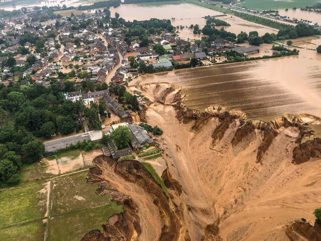 <p>An aerial view after flooding at Erftstadt-Blessem, Germany, 16 July 2021</p>