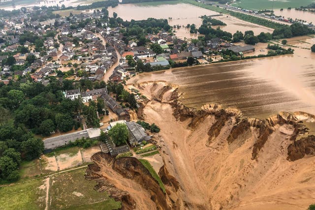 <p>An aerial view after flooding at Erftstadt-Blessem, Germany, 16 July 2021</p>