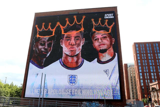 <p>Manchester mural in support of the three England footballers Marcus Rashford, Jadon Sancho and Bukayo Saka, following racist abuse after the Euro 2020 final</p>