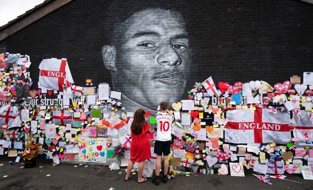 Mural of Manchester United striker and England player Marcus Rashford on the wall of the Coffee House Cafe on Copson Street, Withington