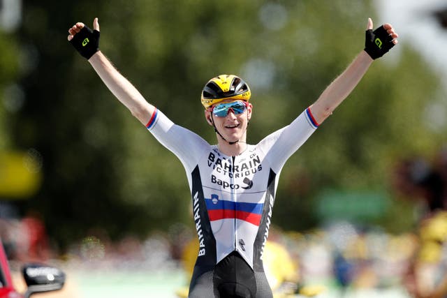 <p>Matej Mohoric of Slovenia celebrates winning stage 19 in Libourne on Friday</p>